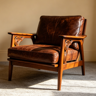 Mid-Century Modern Walnut Frame Leather Sofa